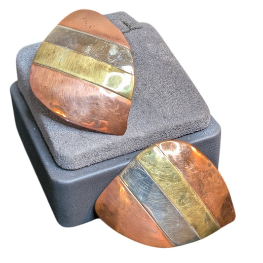 Vintage Bold Mixed Metal Inlay 'Striped' Post Earrings