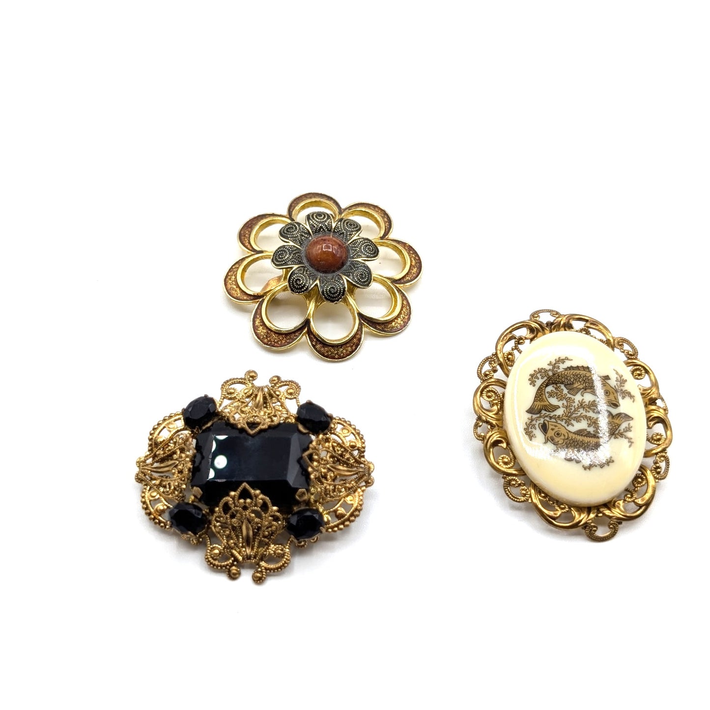 Vintage Gilded Filigree Three Piece Brooch Lot