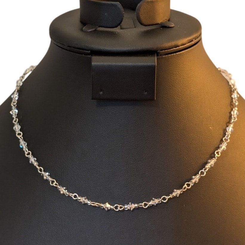 Vintage 925 Sterling Silver Crystal Bicone Bead 16.5" Chain Choker Necklace