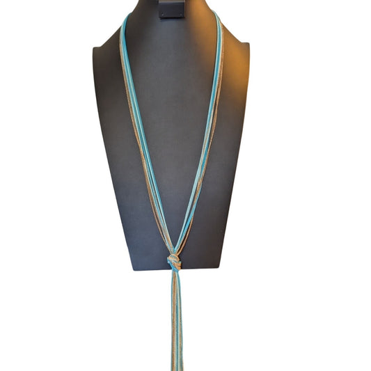 Multi-Blue & Gold Chain Knotted Tassel Long Necklace