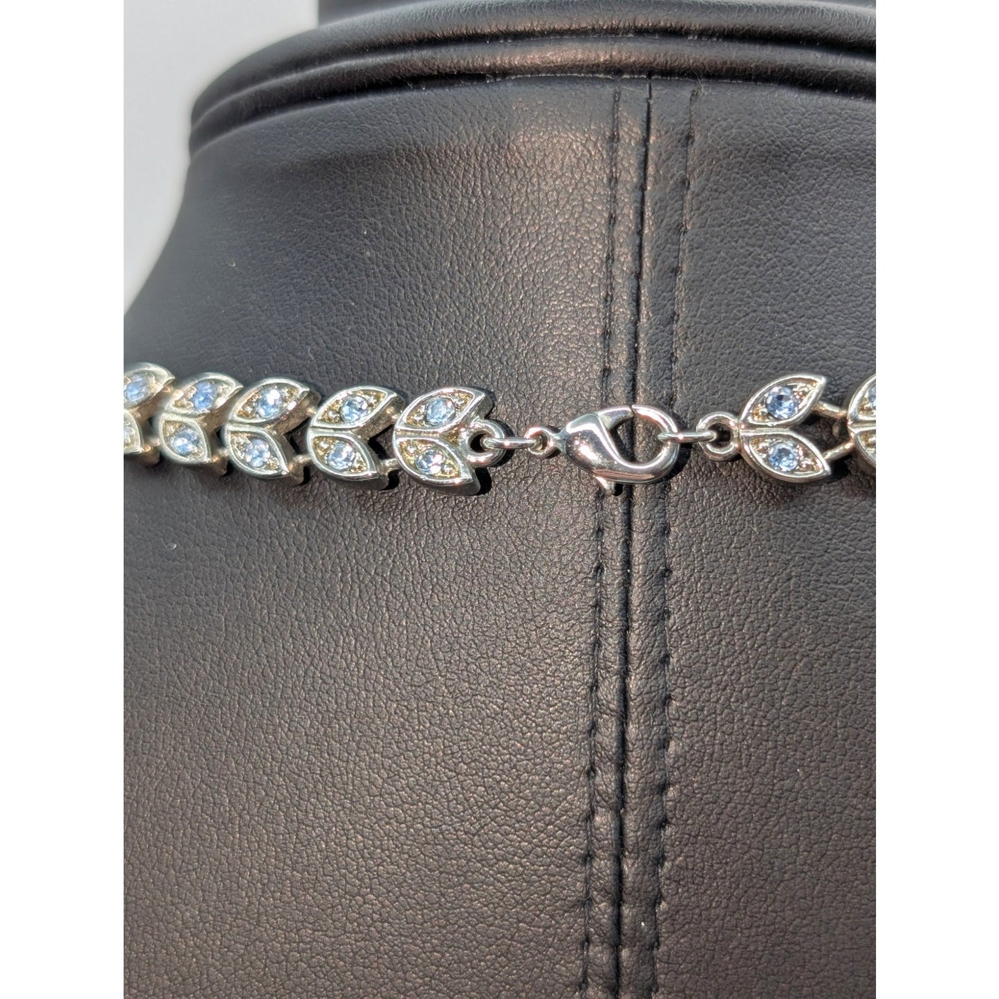 Light Blue Crystal Leaf Pattern Silver Tone Choker 16" Necklace
