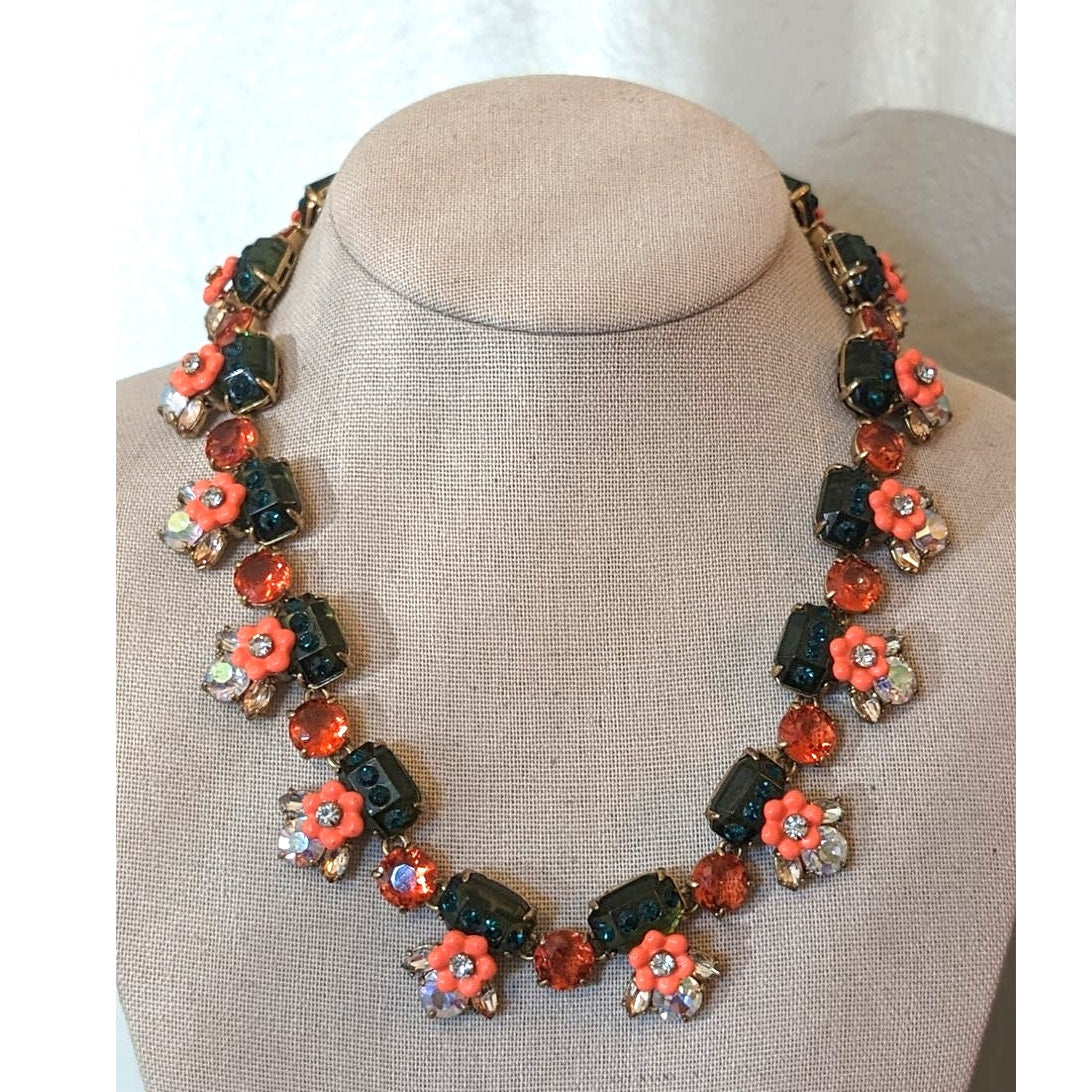 J. Crew Floral Orange Green Jewel Statement Necklace