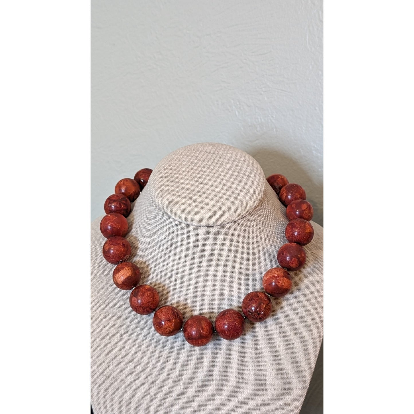 Genuine Coral Marbled Red 20 Bead Statement Necklace w/ Sterling Toggle Clasp