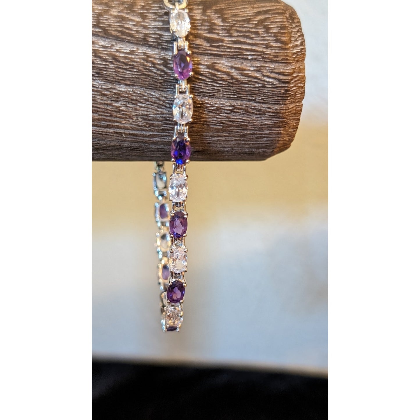 Signed VJ 925 Sterling Amethyst & CZ Tennis Bracelet W/ Lobster Claw Clasp