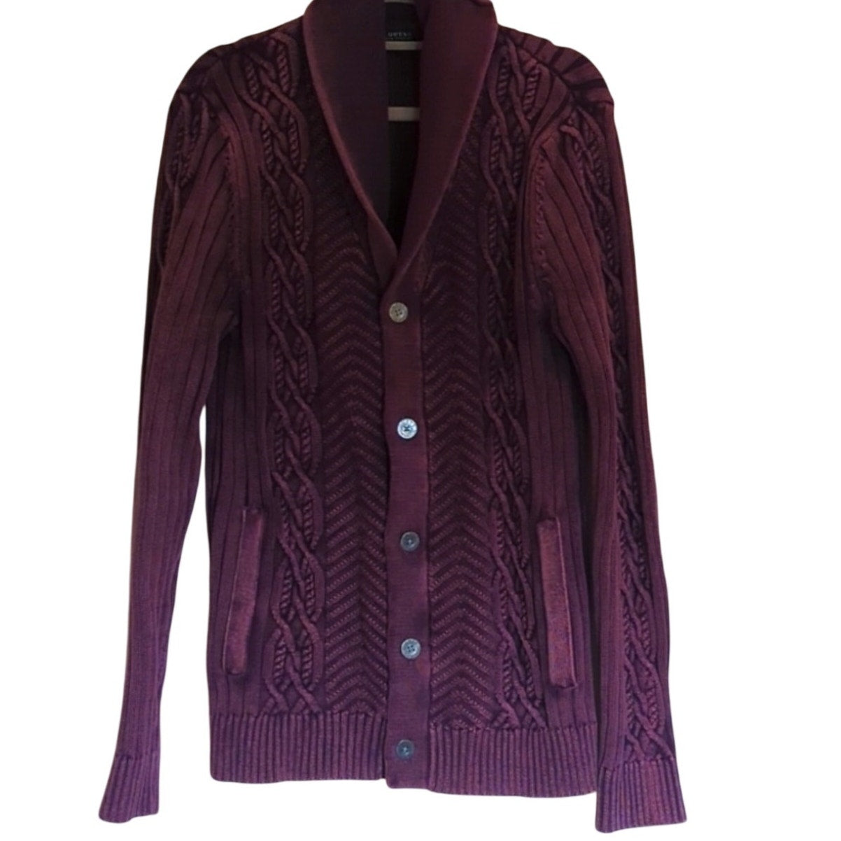 Guess Cabled Button Front Shawl Collar Distressed Purple Cardigan Women's Size M