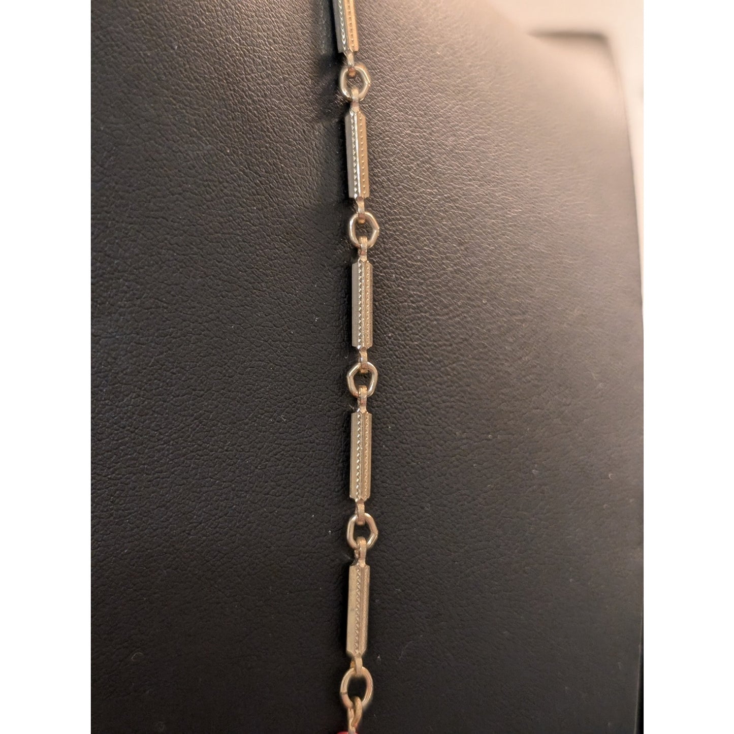 Vintage 70s Red White Blue Glass Bead Gold Tone Bar Link 44" Necklace