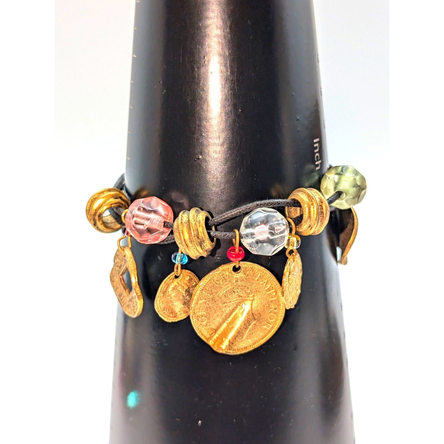 Gold Tone Coin & Bead Charm Corded 8" Bracelet