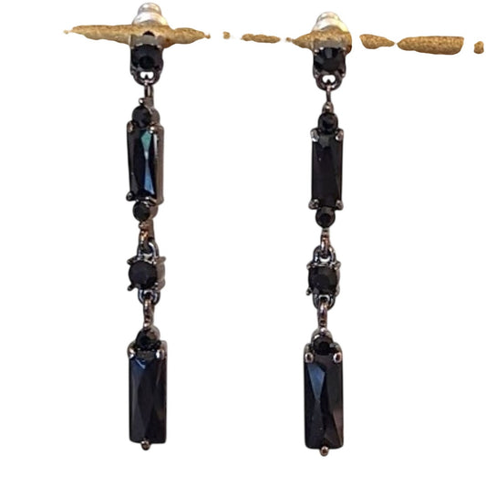 Vintage Black Faceted Crystal Gun Metal 1.5" Dangle Post Earrings