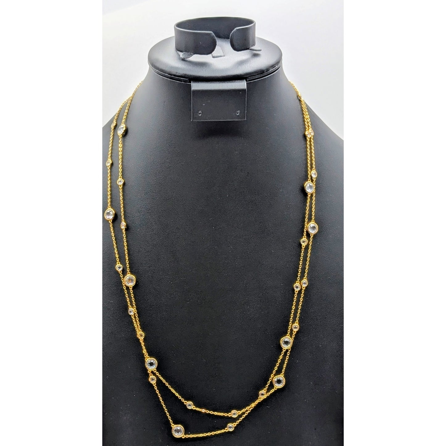52" Long Gold Tone Bezel Set Small & Larger Glass Crystal Station Chain Necklace