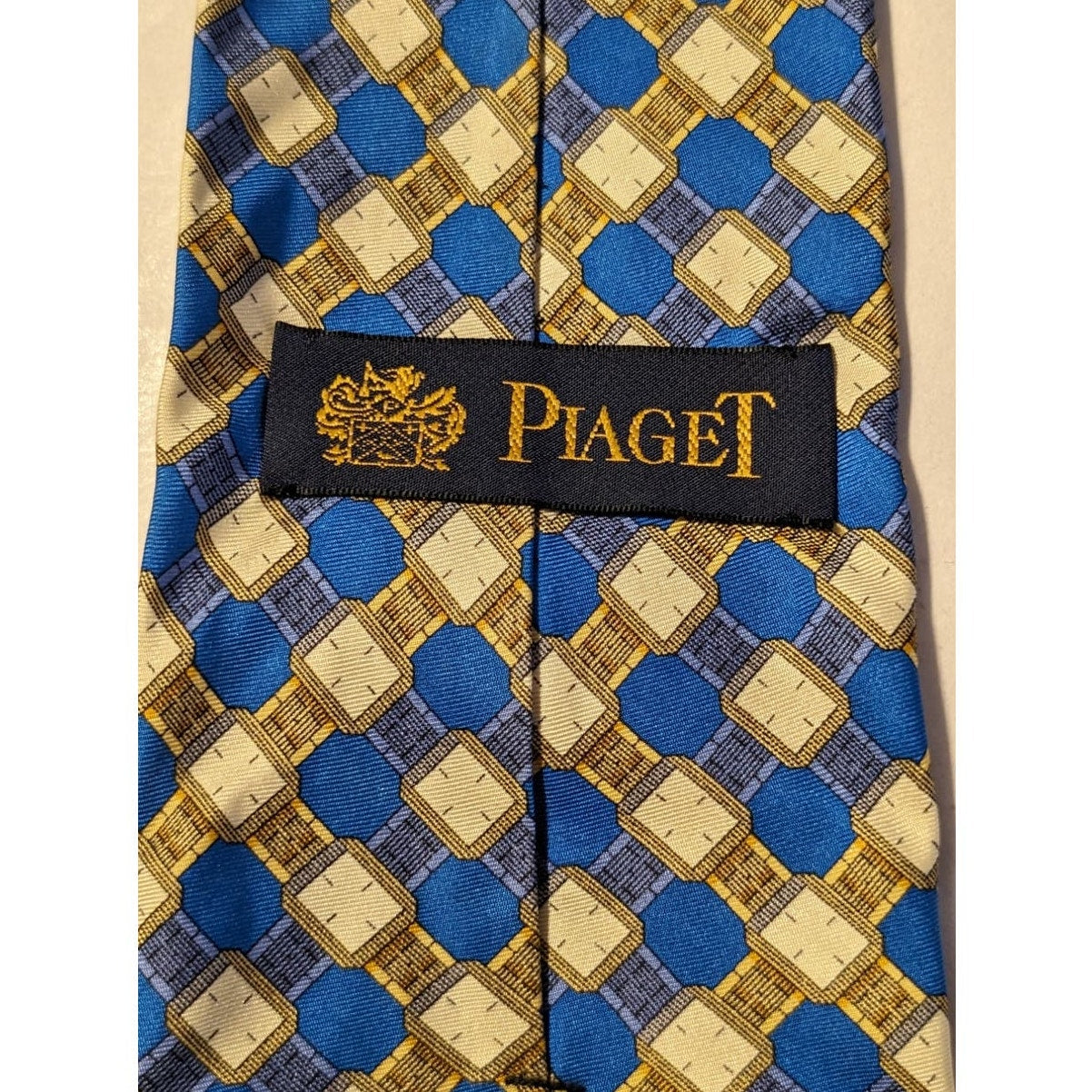Piaget Silk Vintage 100% Silk Blue Gold Geometric Design Neck Tie