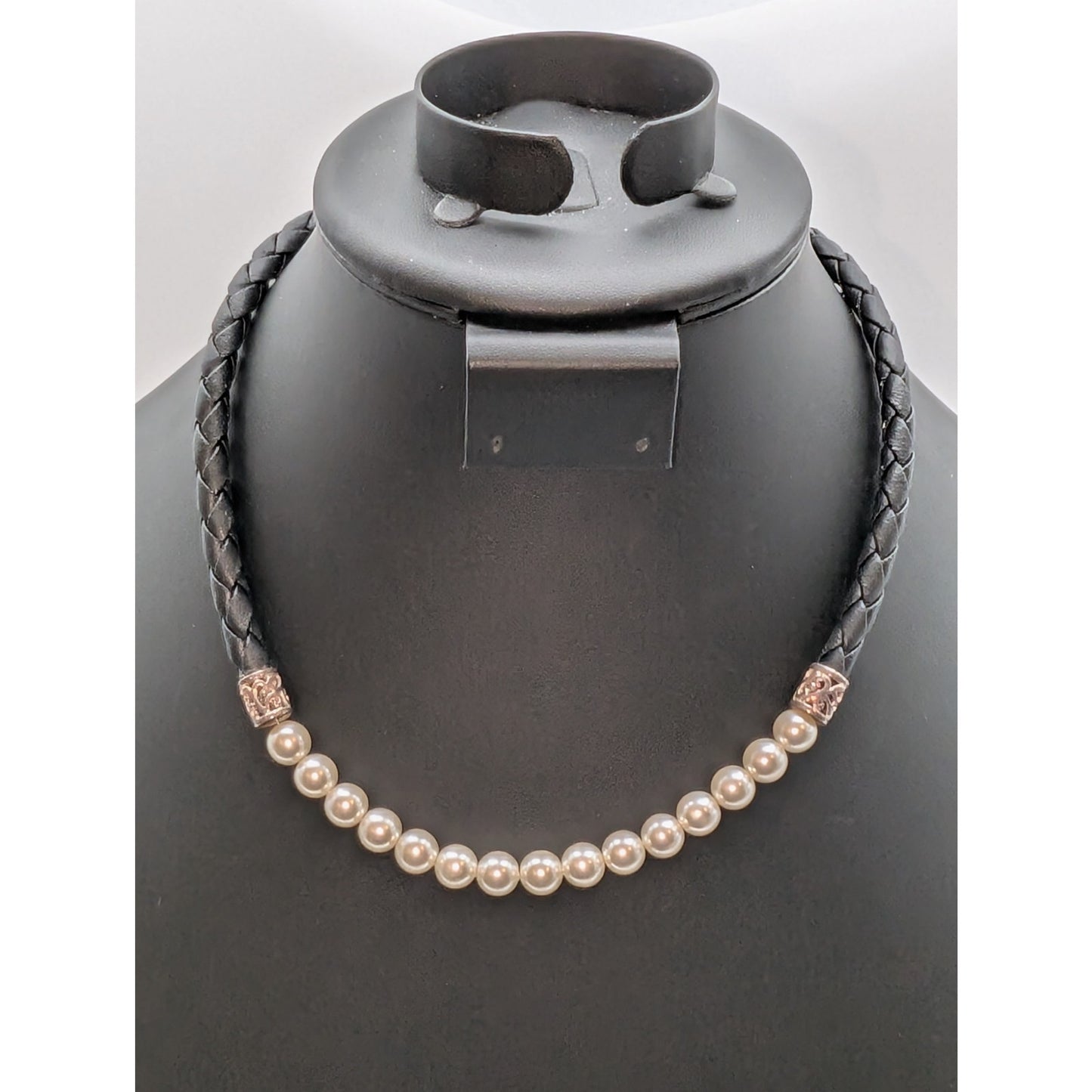 Braided Black Leather Faux Pearl & Sterling Silver Choker 17.25" Necklace