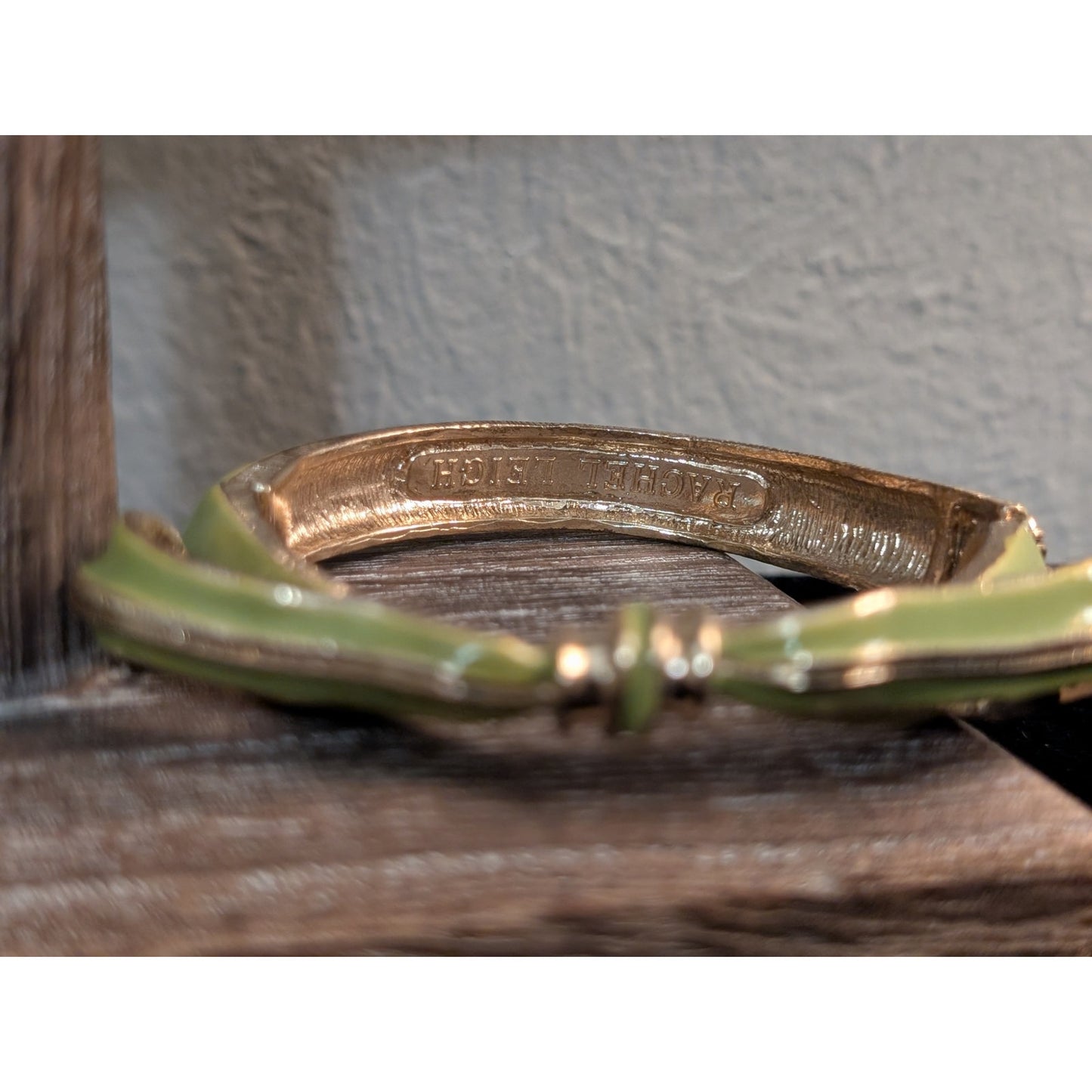 Vintage Rachel Leigh Gunmetal Gray & Lime Green Enamel Gold Tone Hinge Bow Cuffs