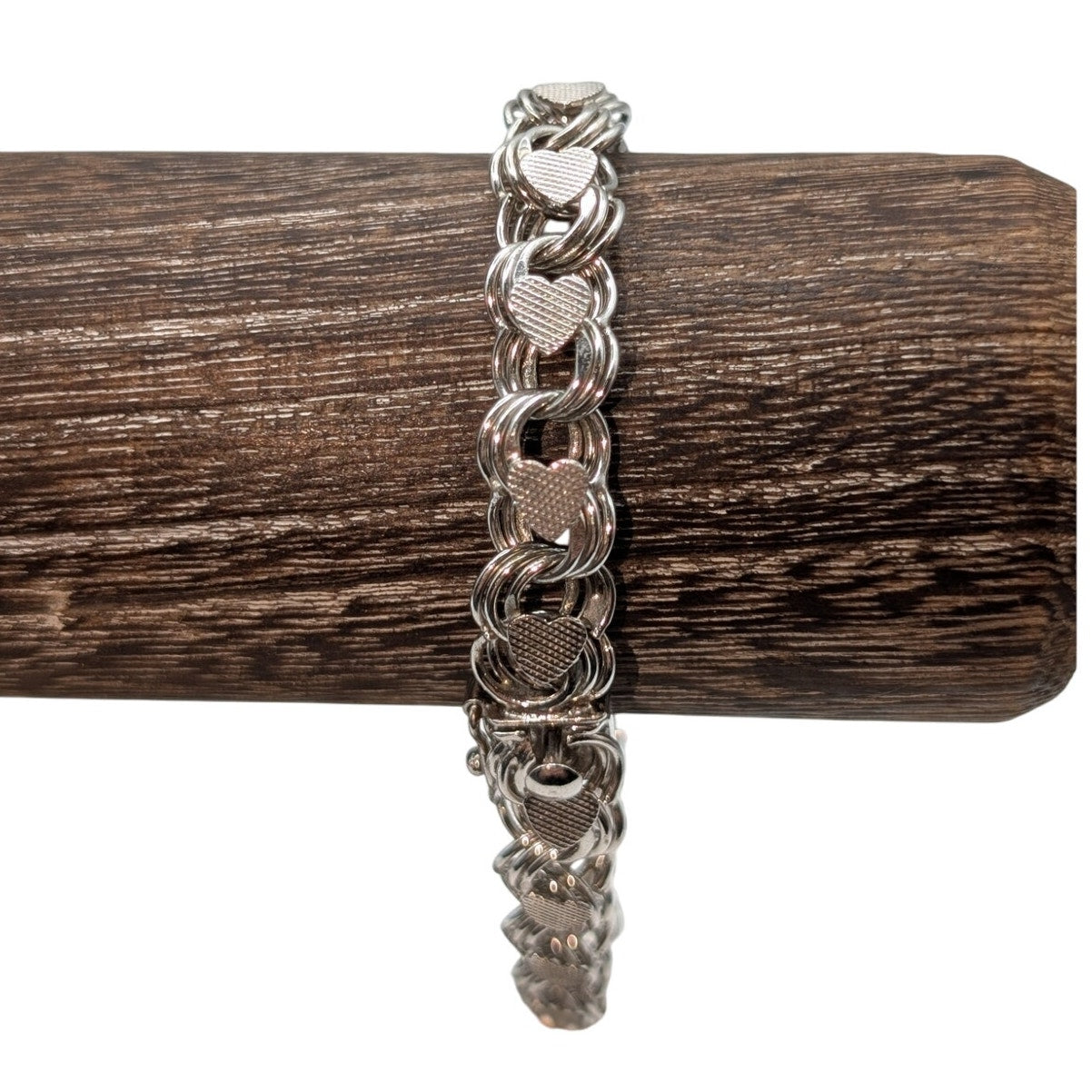 Vintage Mid Century Sterling Silver Double Link Textured Heart Charm Bracelet