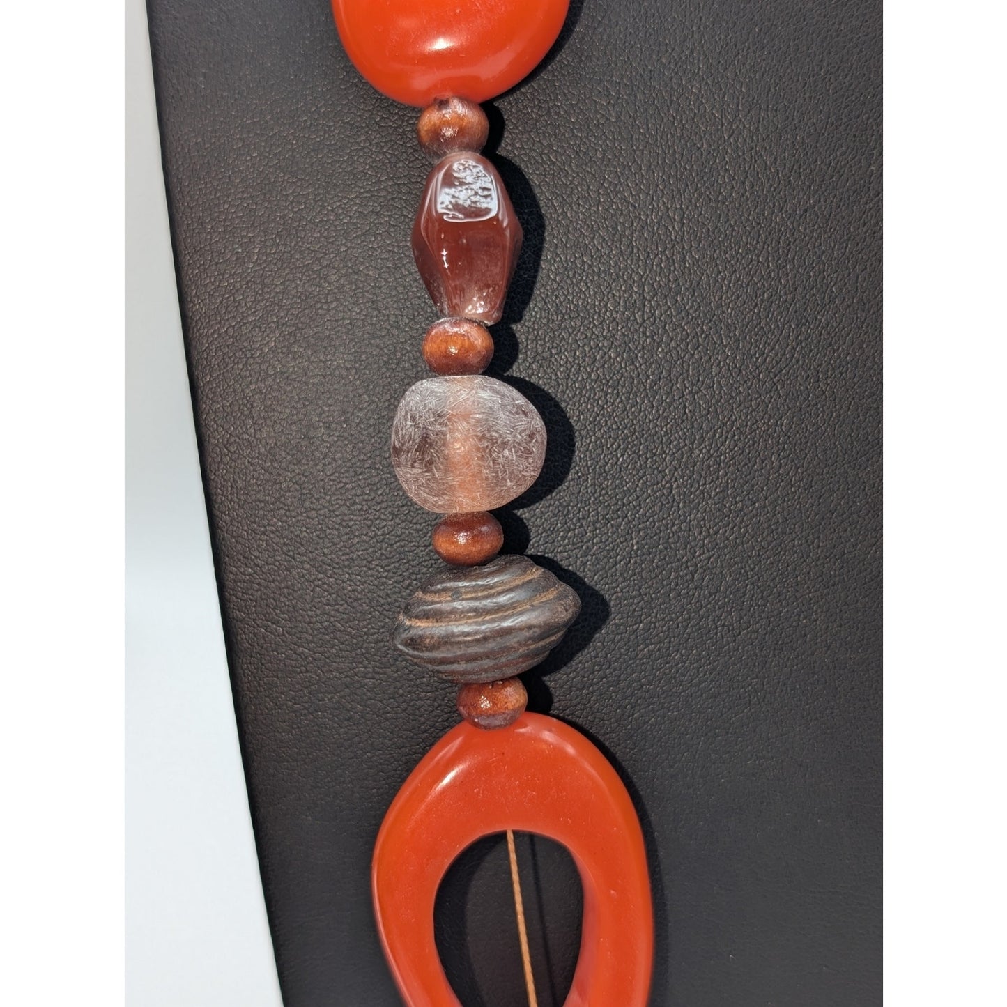 Vintage 70s Wood Orange Resin Bead 32" Over the Head Necklace