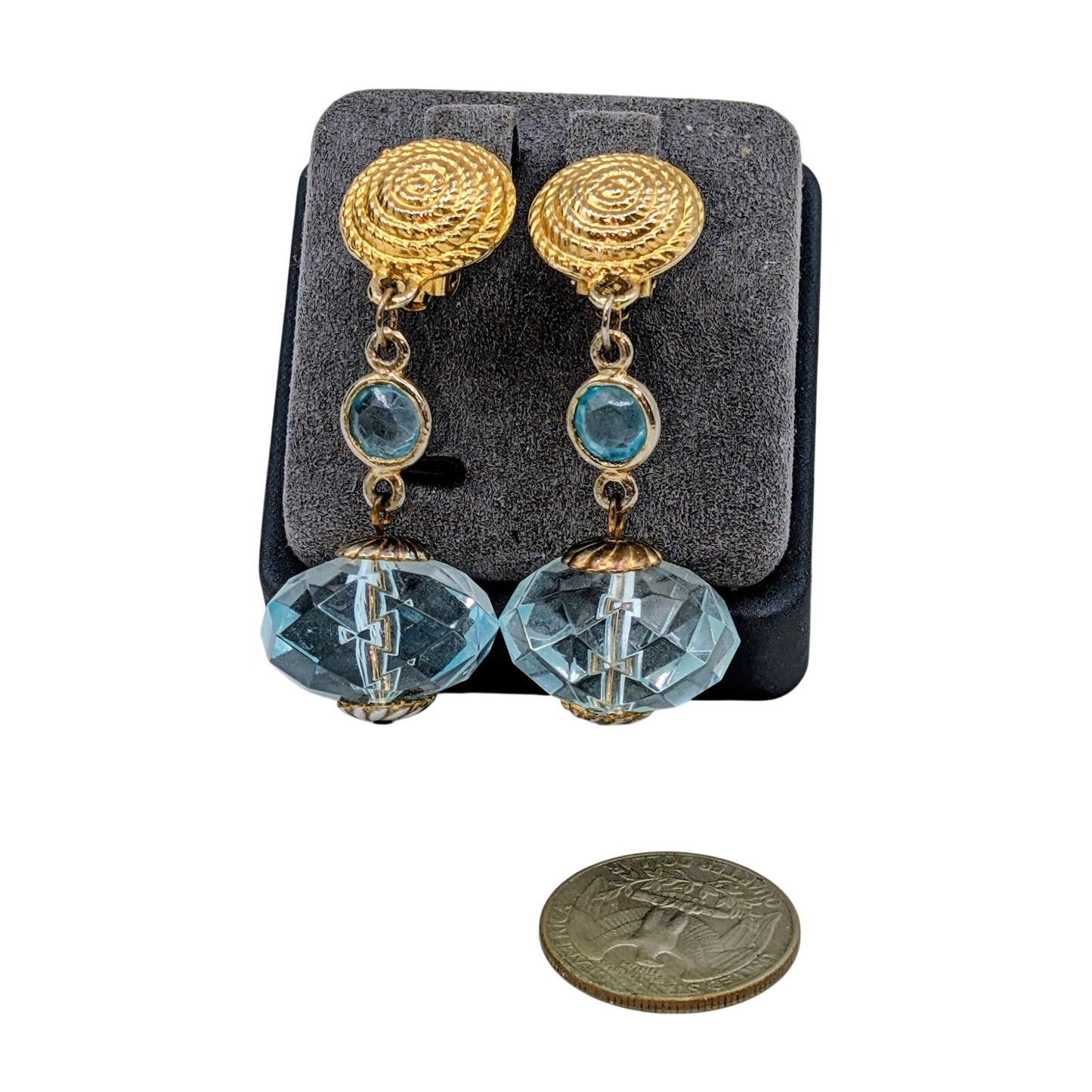 Vintage Light Blue Lucite Gold Tone Rope Design Clip On Dangle Earrings