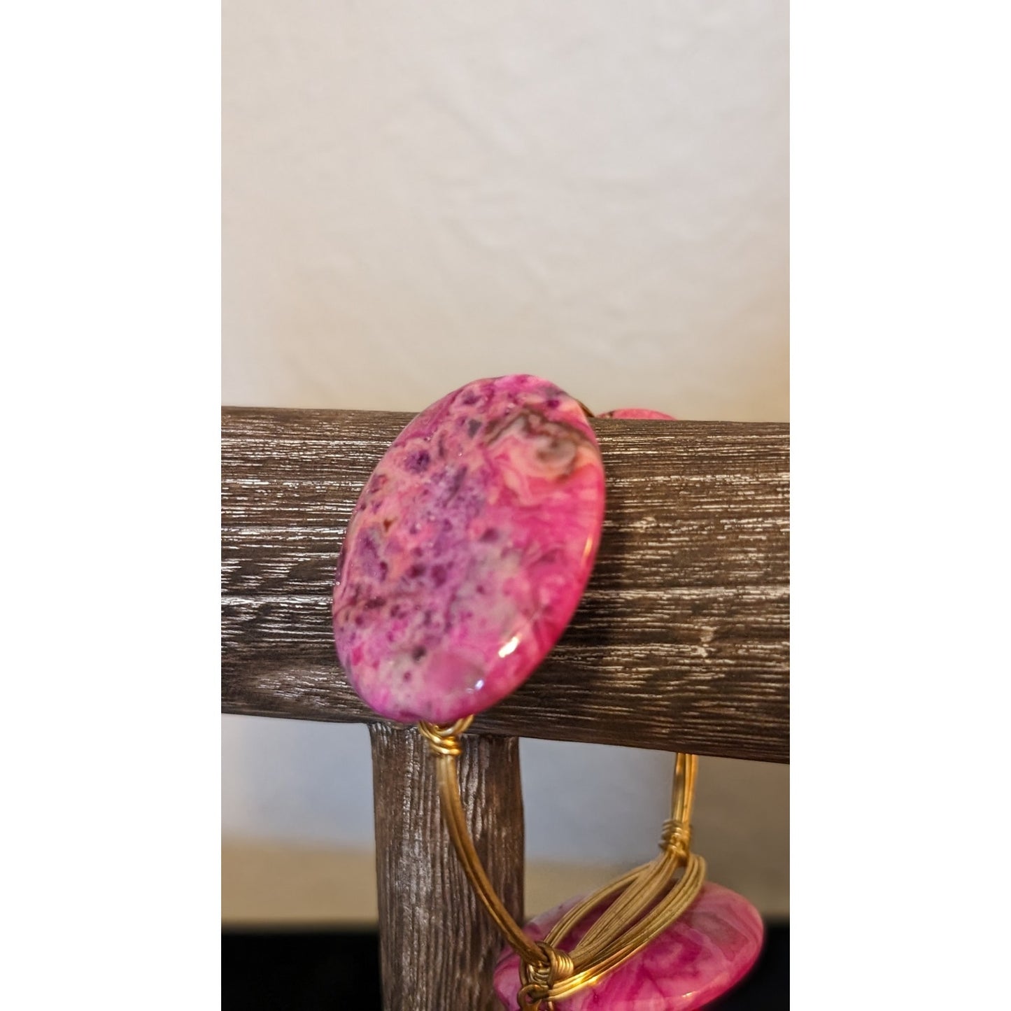 Bourbon & Bowties Three Oval Pink Stone Wire-Wrapped Bangle Bracelet