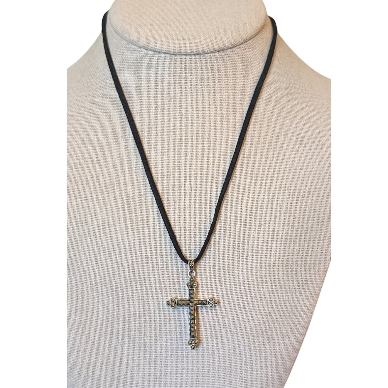 Vtg 925 Sterling Silver Marcasite Cross on Black Cord w/ 925 Lobster Claw Clasp