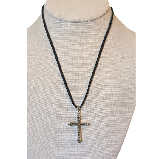 Vtg 925 Sterling Silver Marcasite Cross on Black Cord w/ 925 Lobster Claw Clasp