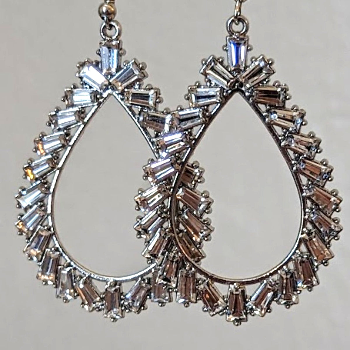 Baguette Crystal Teardrop Silver Tone Earrings