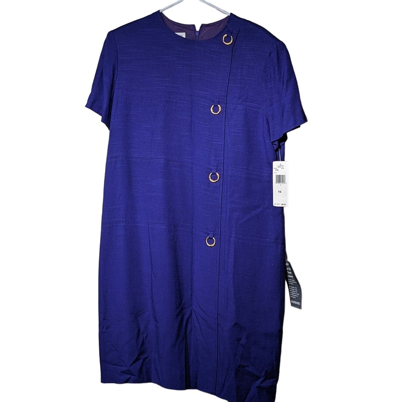 Jones New York Grape Short Sleeve Gold Loop Detail Vintage Dress Women Sz 16 NWT