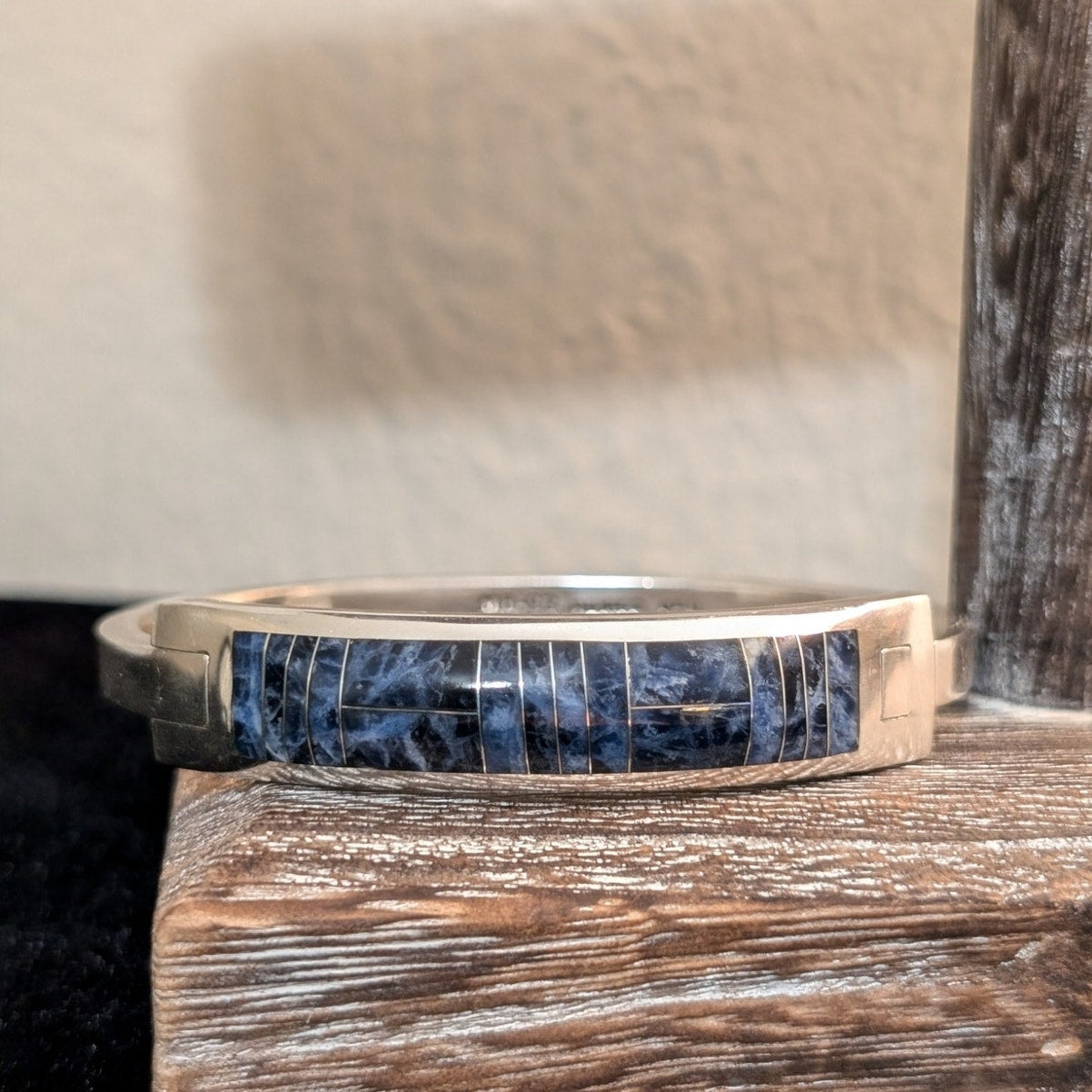 Vintage Substantial Mexican 950 Sterling Silver Sodalite Inlay Bangle Bracelet