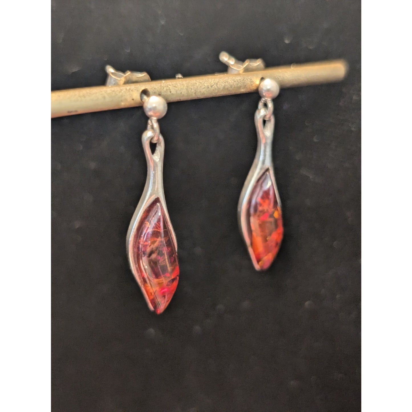 Vintage Marked 925 Sterling Silver Baltic Amber Post Dangle Earrings