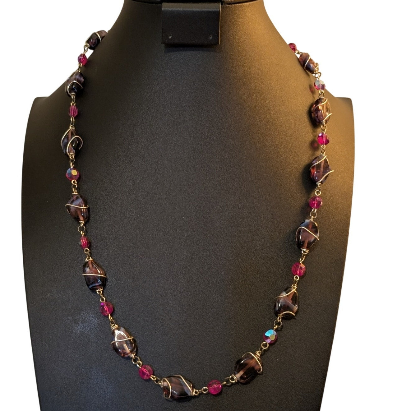 VTG Purple Wire Wrapped Glass Bead & Pink AB Crystal Bead Silver Tone Necklace