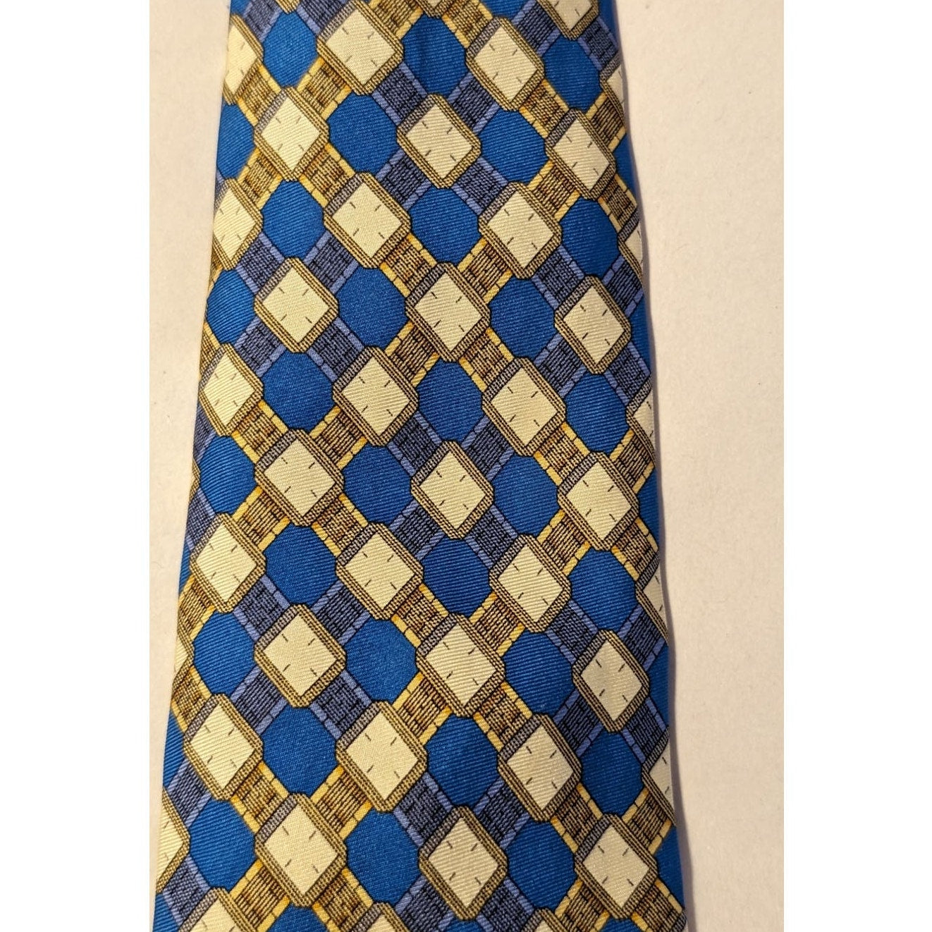Piaget Silk Vintage 100% Silk Blue Gold Geometric Design Neck Tie