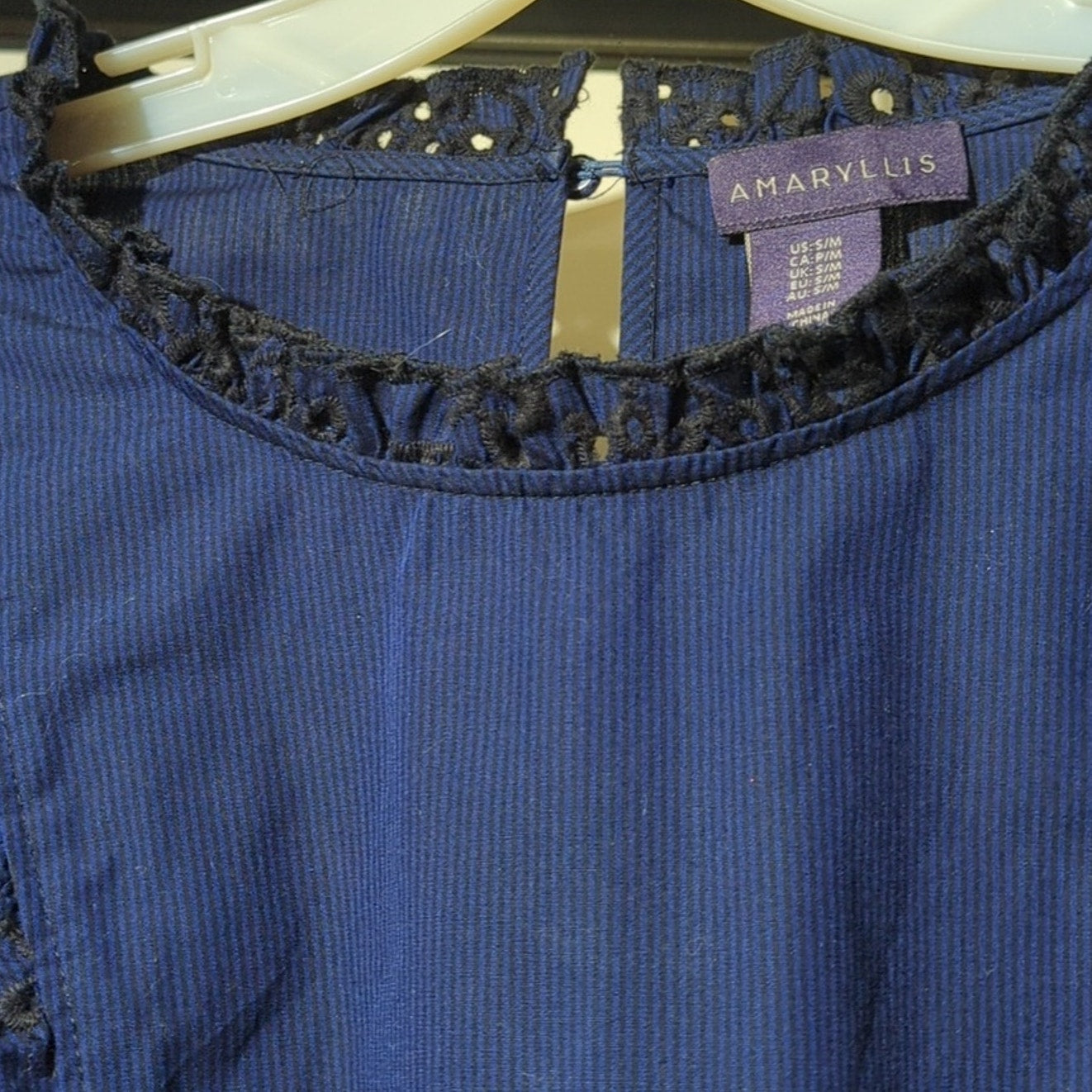 Amaryllis Navy/Black Striped Eyelet Ruffle Bell Sleeve Blouse Women's Sz S/M