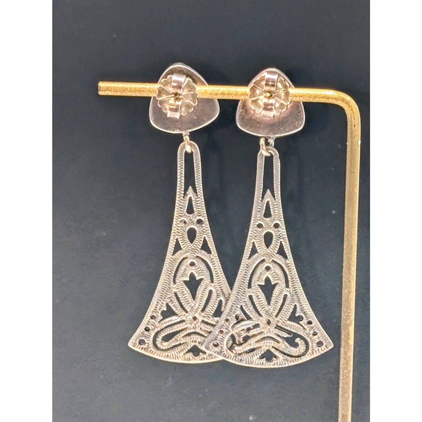 Vtg Tabra 14K Gold Post 925 Sterling Silver Carved Onyx Drop Earrings 18.34g