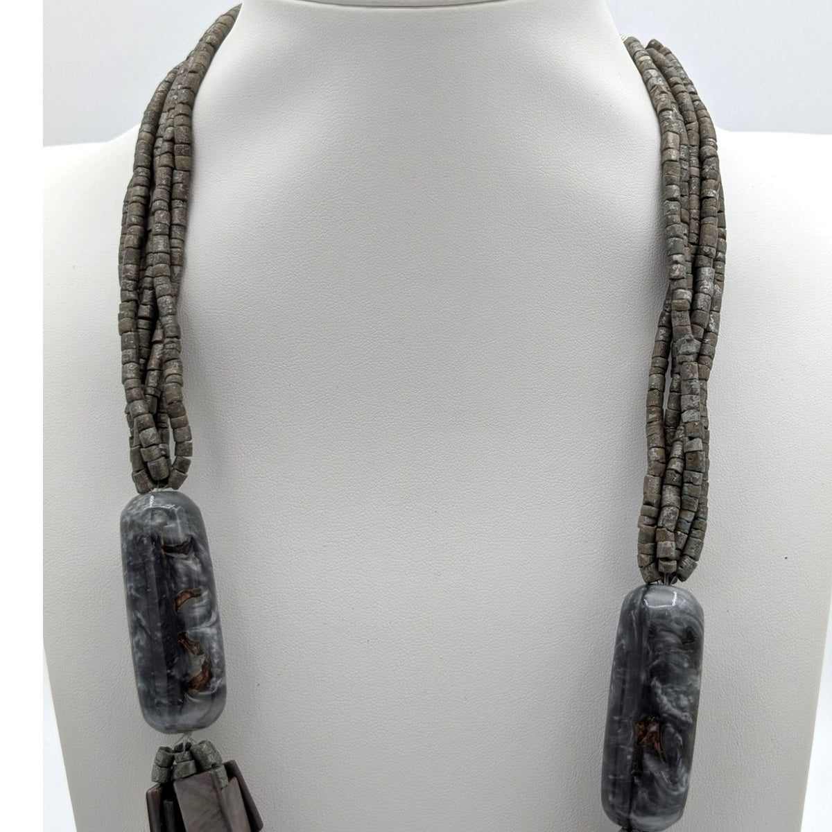 Gray Multi Strand Glass Shell & Acrylic Bead 24" Statement Necklace