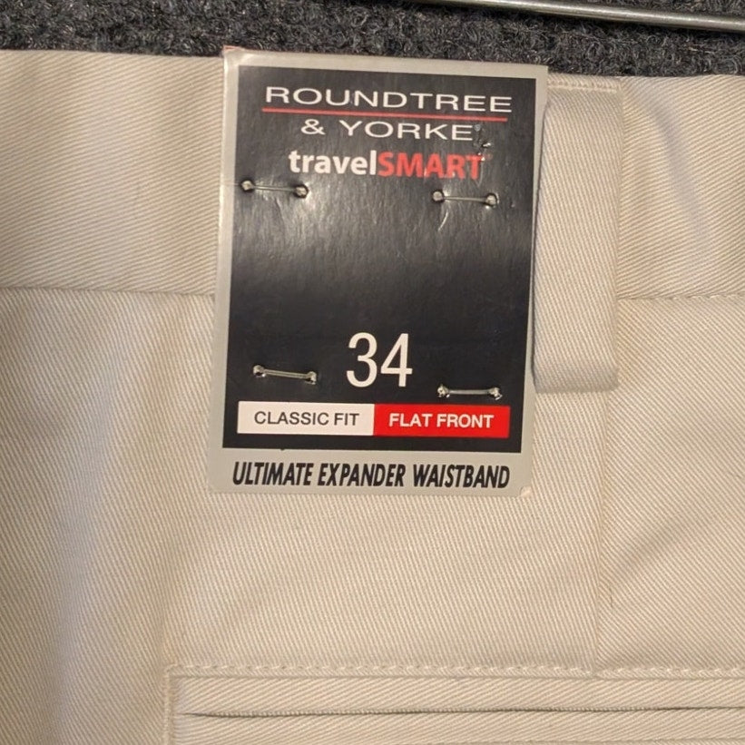 Roundtree & Yorke NWT Travelsmart Stone Flat Front Washed Chino Shorts 34