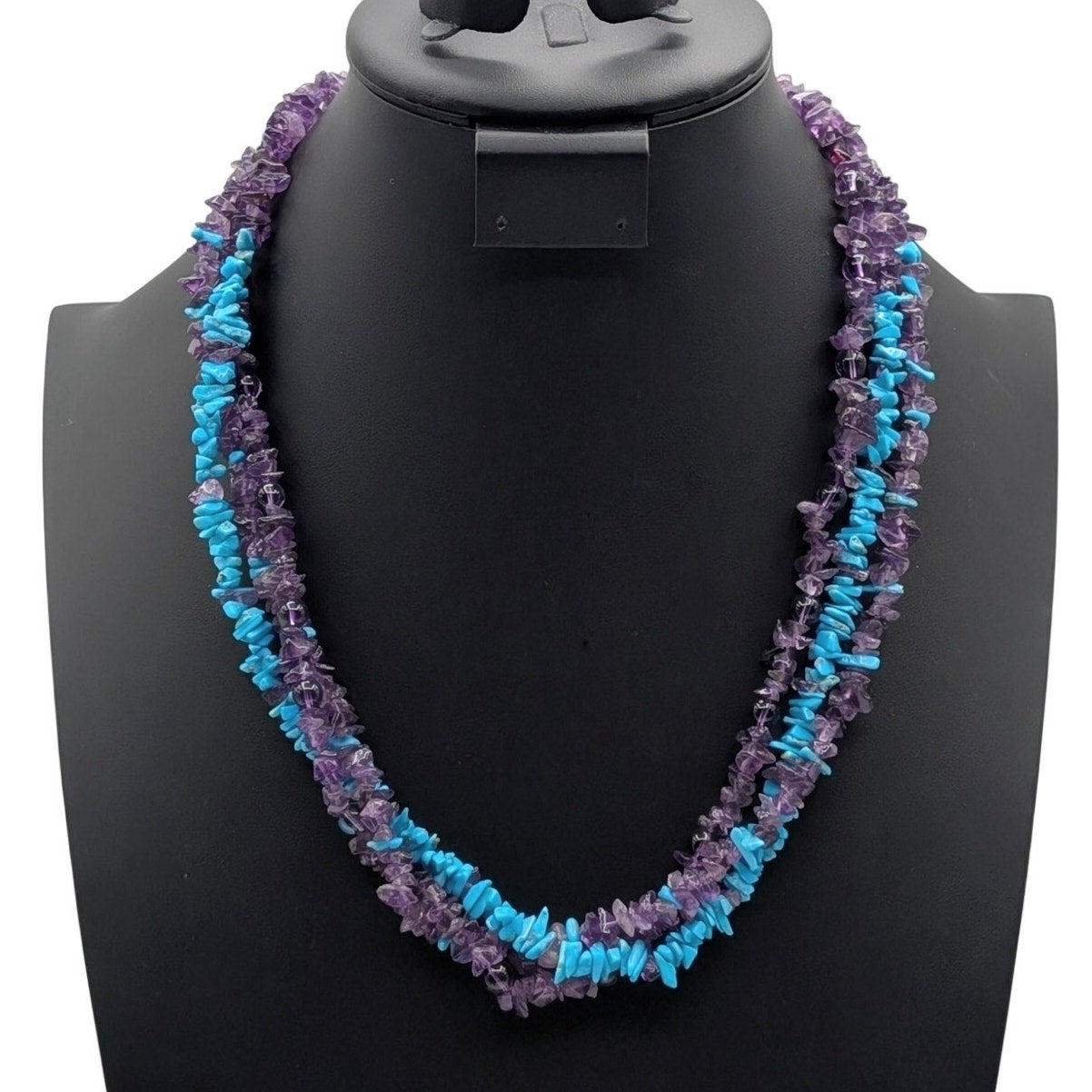 Vintage Multi-Strand Torsade Amethyst Turquoise Chip Bead Hook Clasp Necklace