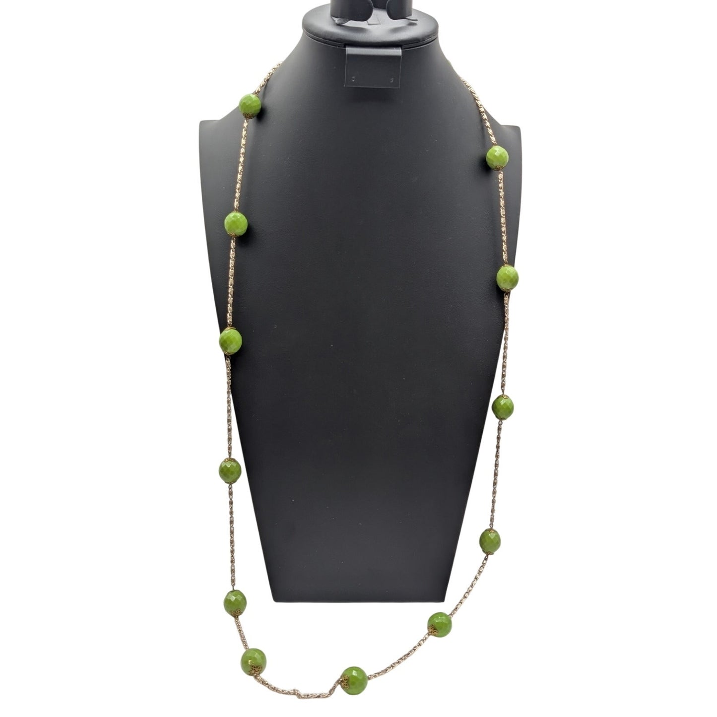 Vintage Gold Tone 46" Long Strand Chain Spring Green Czech Glass Bead Necklace