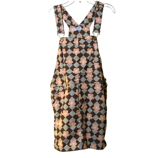 Storia Retro Daisy Checkered Corduroy Overall Mini Dress Brown/Green Sz. Small