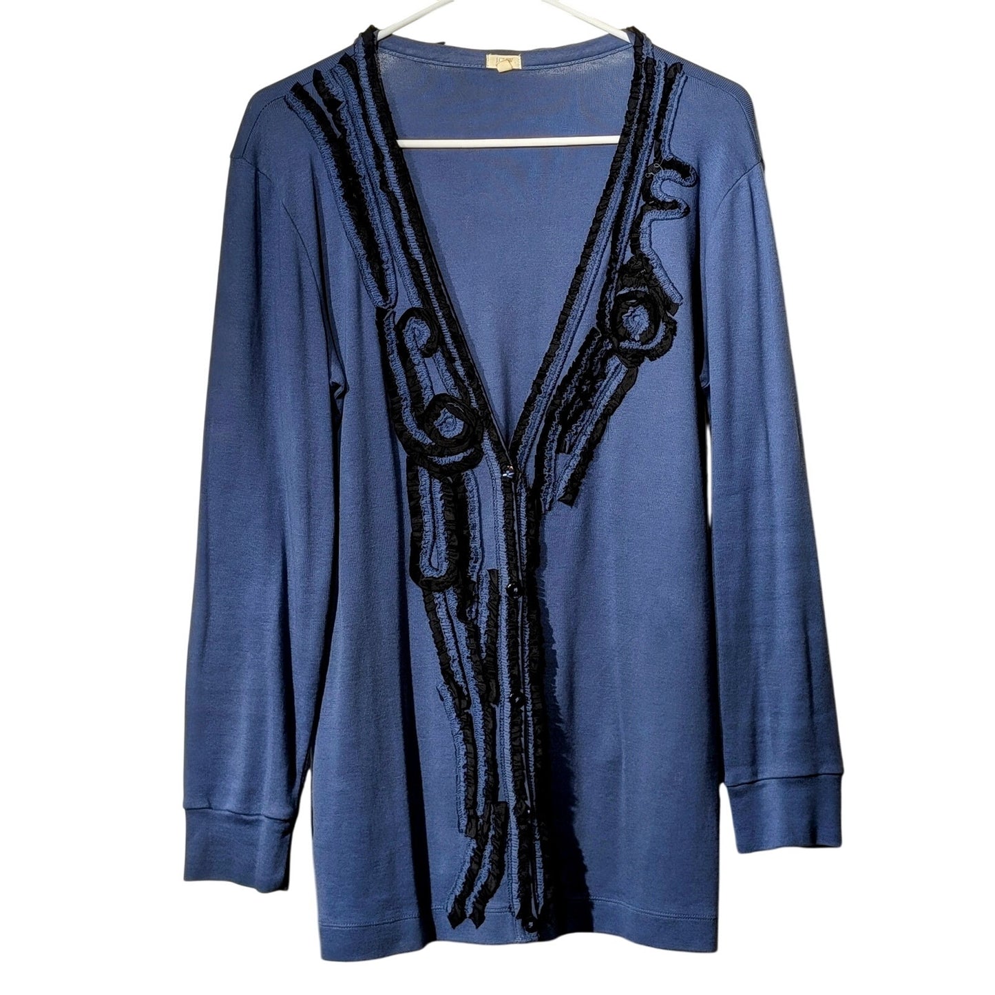 J. Crew Dusty Blue Black Silk Ruffled Ribbon Detail Long Sleeve Cardigan Sz L