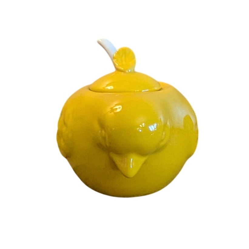 Vintage Yellow Bird Sugar Bowl W/ White Glass Spoon