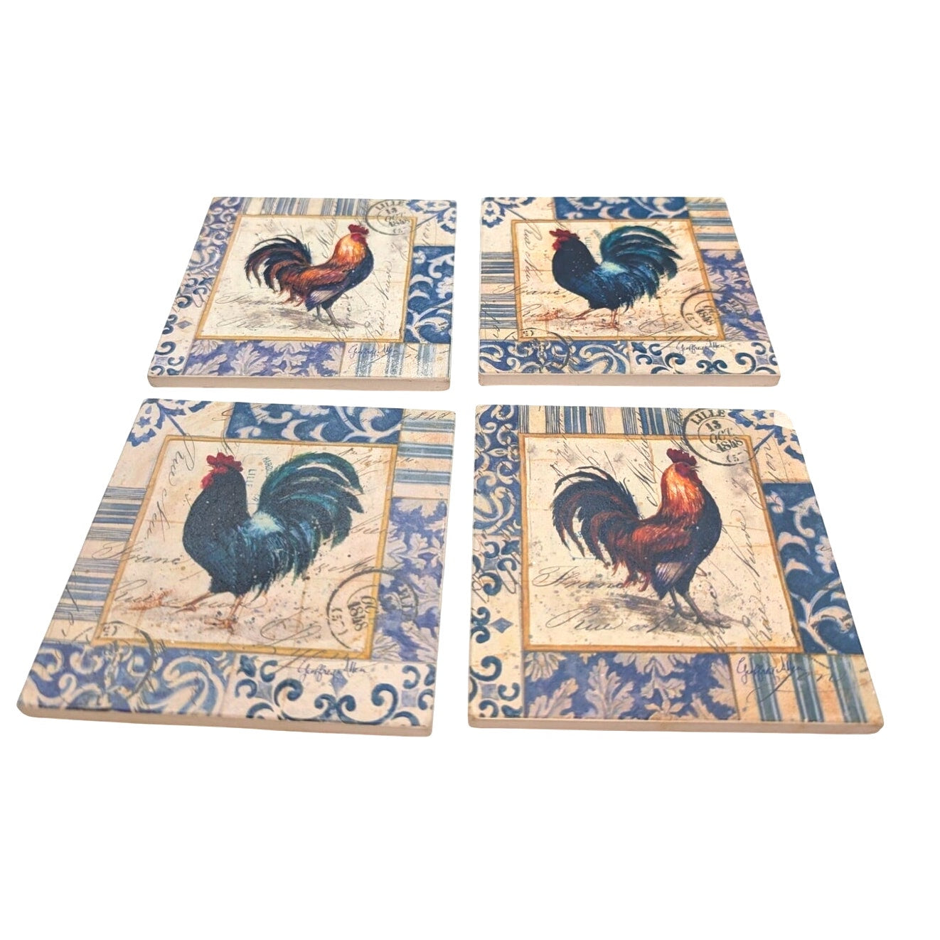 Set of Four Blue "French Rooster" Natural Stoneware Cork Backed Coasters