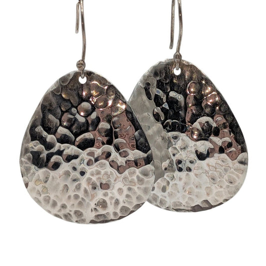 925 Mexico Sterling Silver Hammered Finish Large Teardrop Dangle Wire Earrings