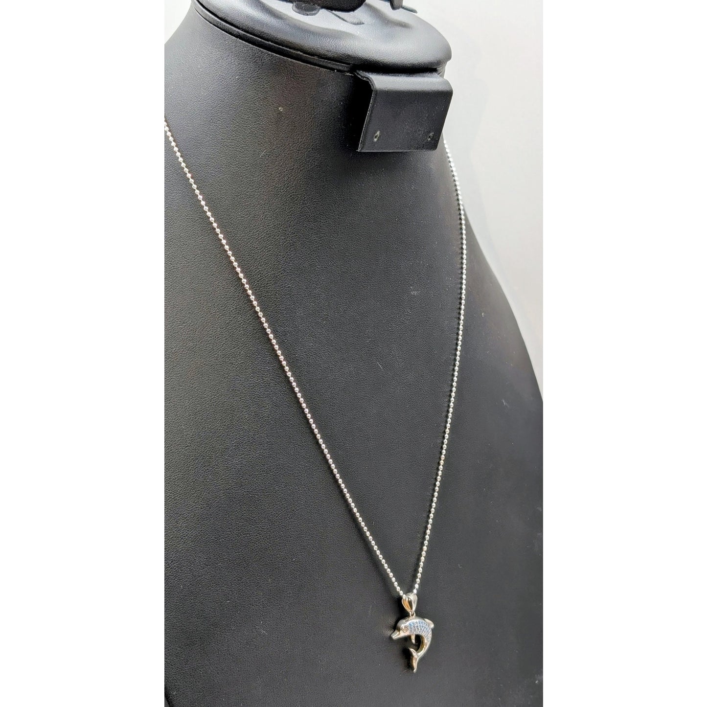 925 Sterling Silver Blue Spinel Pave Dolphin Pendant Bead Ball 22"Chain Necklace
