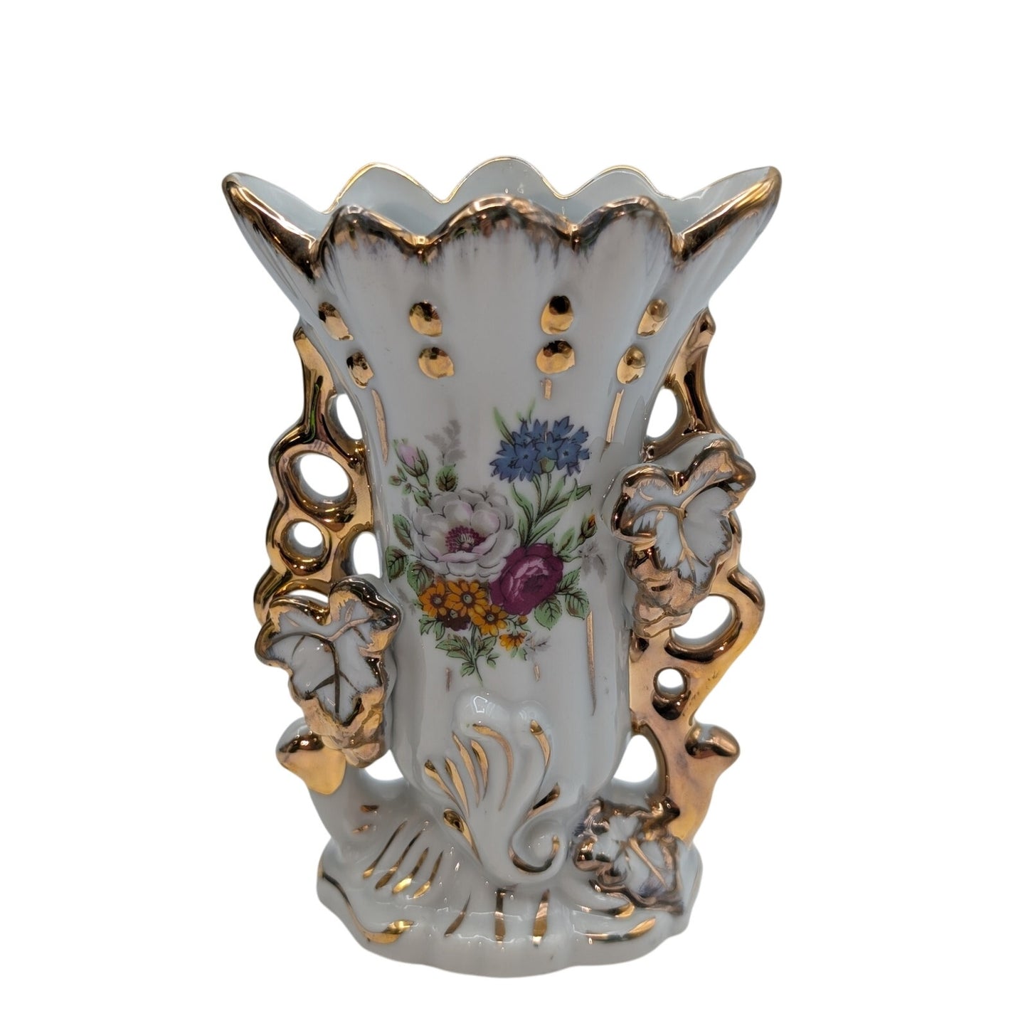 Vtg Vieux Paris Painted Gilded Edge Porcelain Rococo Style Fan Flair Bridal Vase