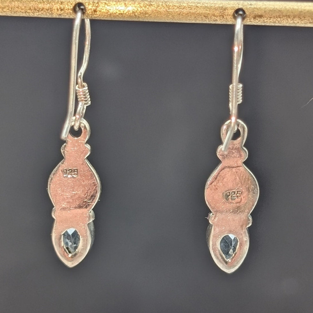Vintage 925 Sterling Silver Blue Topaz Dangle Flower Earrings