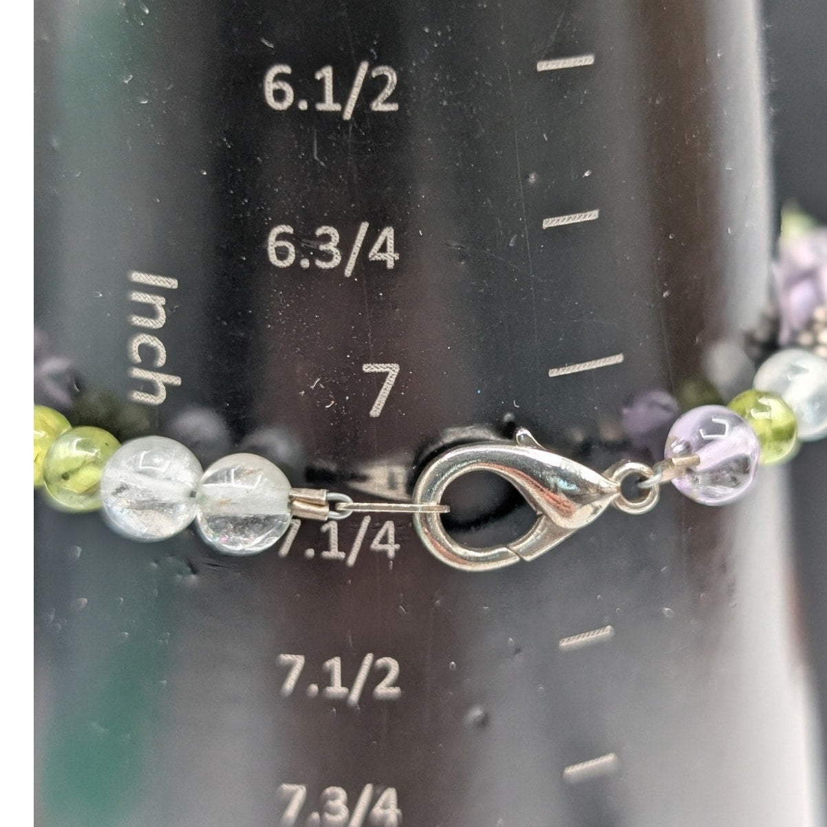 Amethyst Peridot Quartz & Silver Beaded Silver Tone Clasp Bracelet