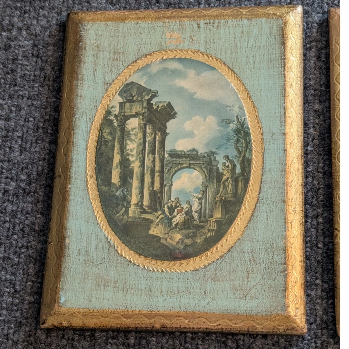 Pair of Antique Florentine Made in Italy Wall Plaques Prints of Roman Ruins