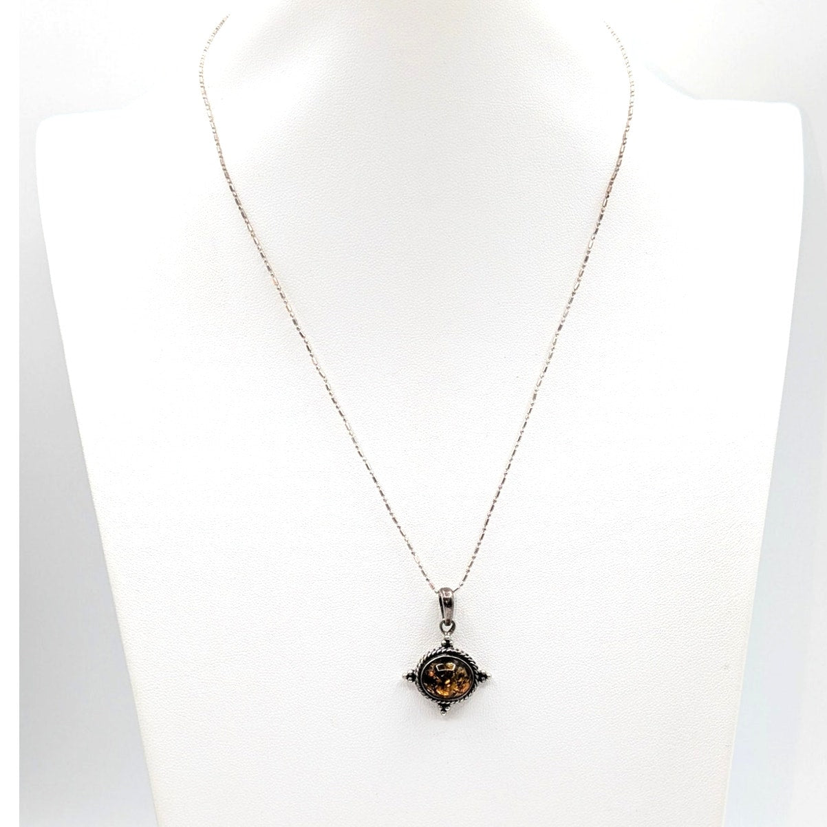 Vintage Sterling Silver Amber Pendant on 18" Sterling Bead Bar Chain Necklace