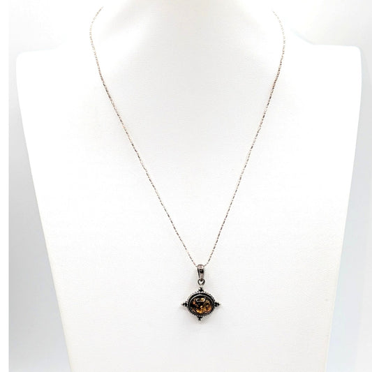 Vintage Sterling Silver Amber Pendant on 18" Sterling Bead Bar Chain Necklace