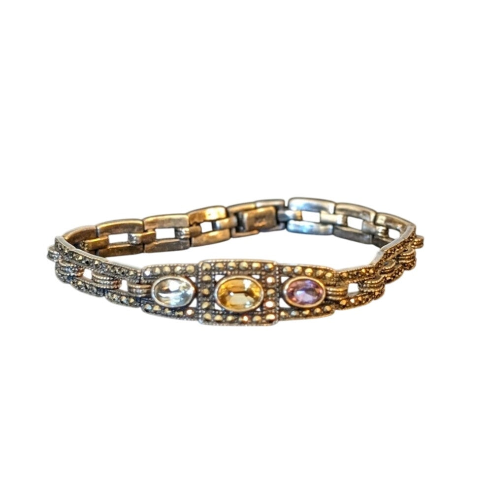 Vtg 7" Sterling Marcasite Amethyst Citrine Blue Topaz Fold Over Clasp Bracelet