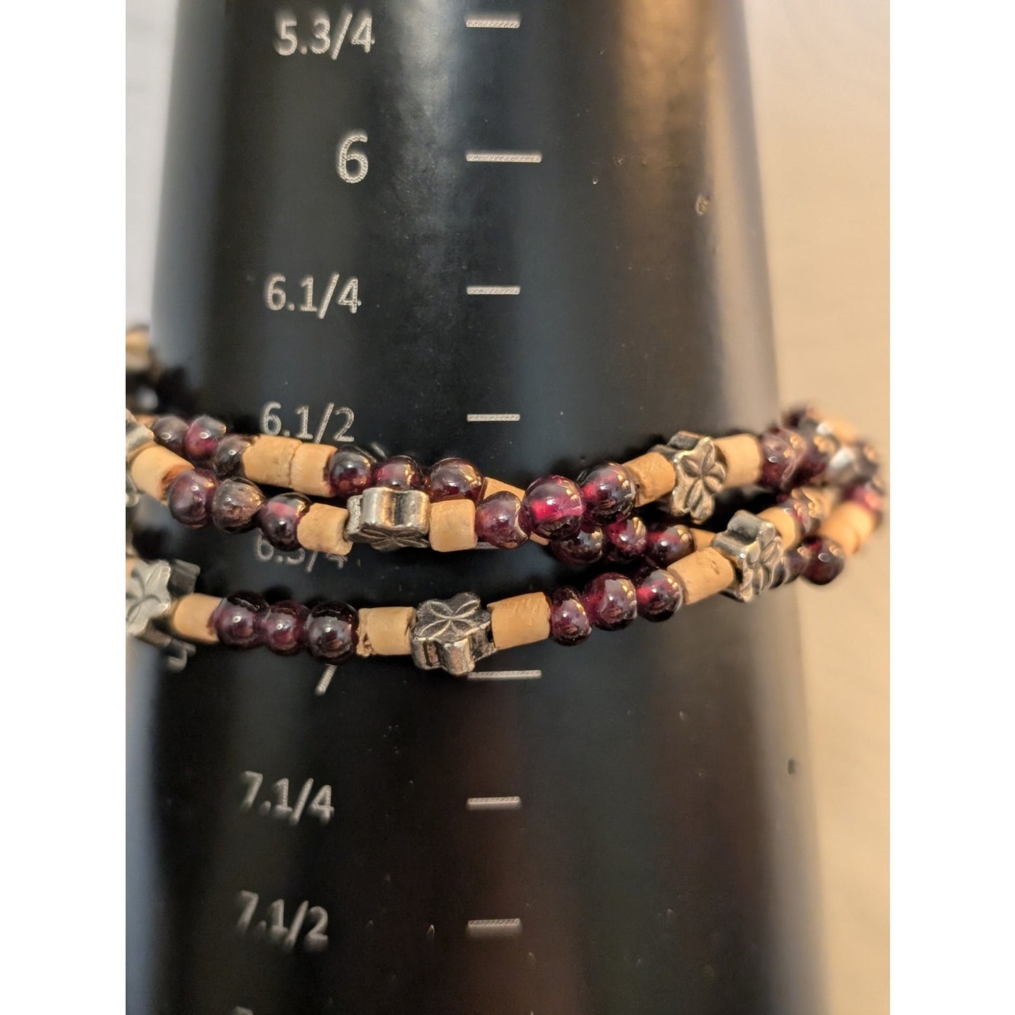 925 Sterling Silver Three Strand Garnet Sterling Floral & Wood Bead Bracelet