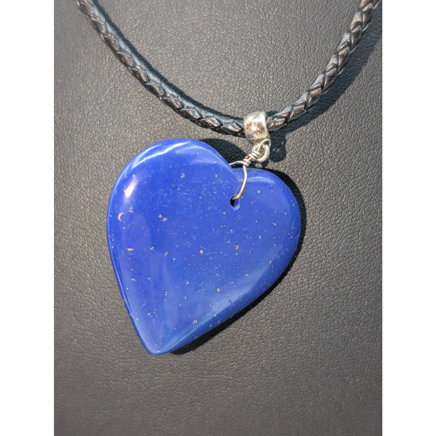 Large Blue Stone Heart Black Braided Cord Silver Tone 18"-20" Necklace