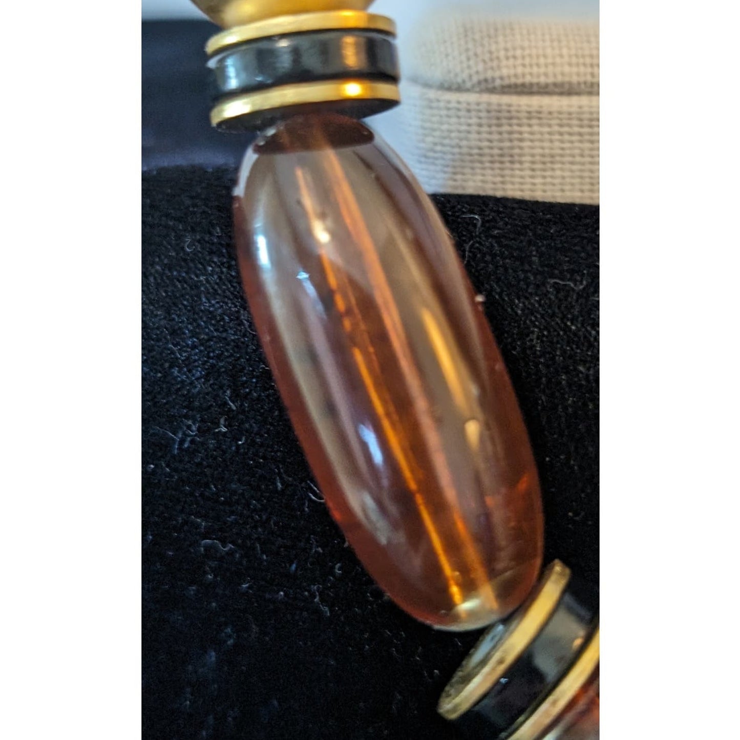 Amber Look Gold Tone Bead Long Vintage Necklace W/ Unique Barrel Clasp